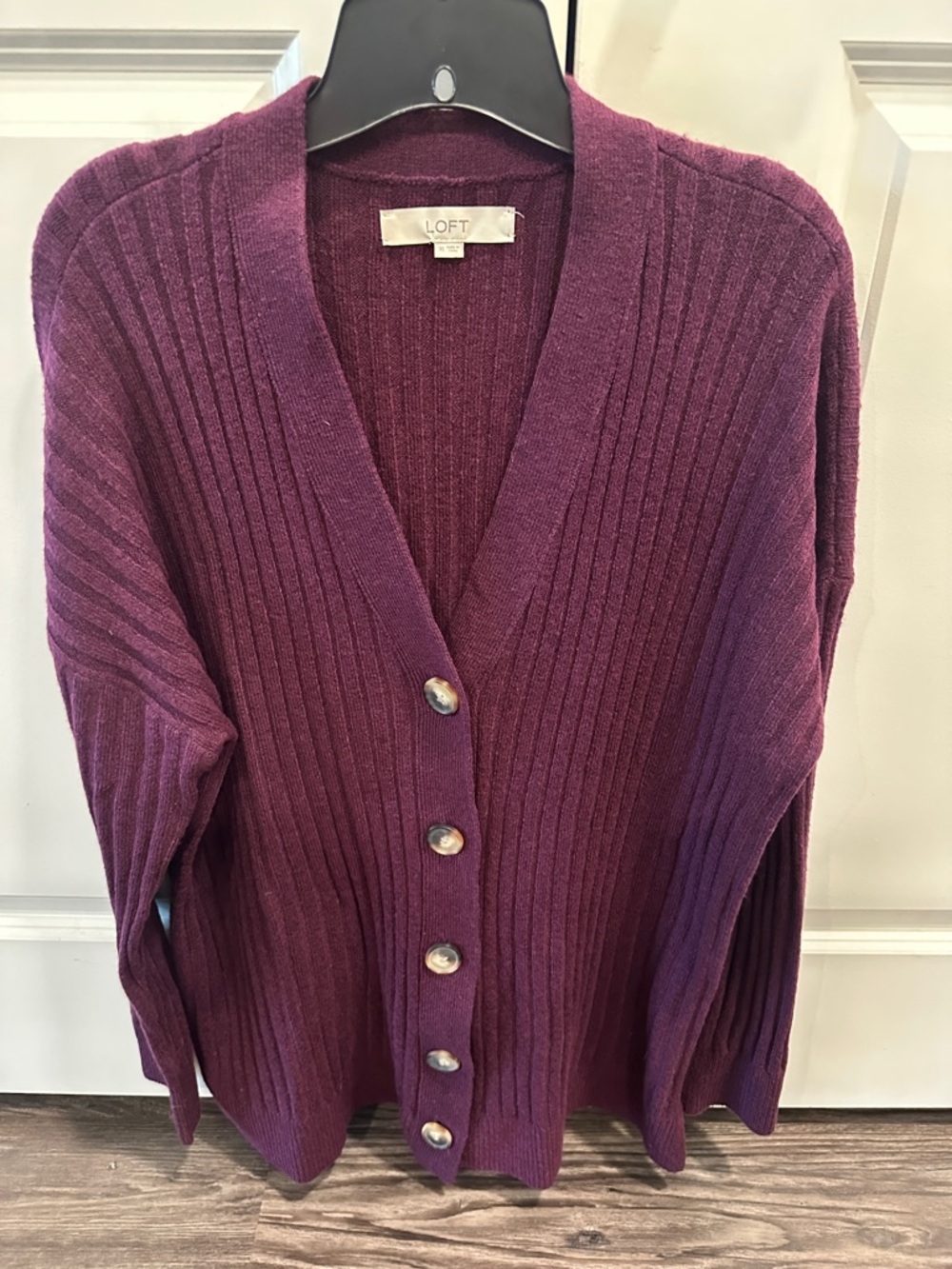 LOFT Plum Ribbed Button-Front Cardigan